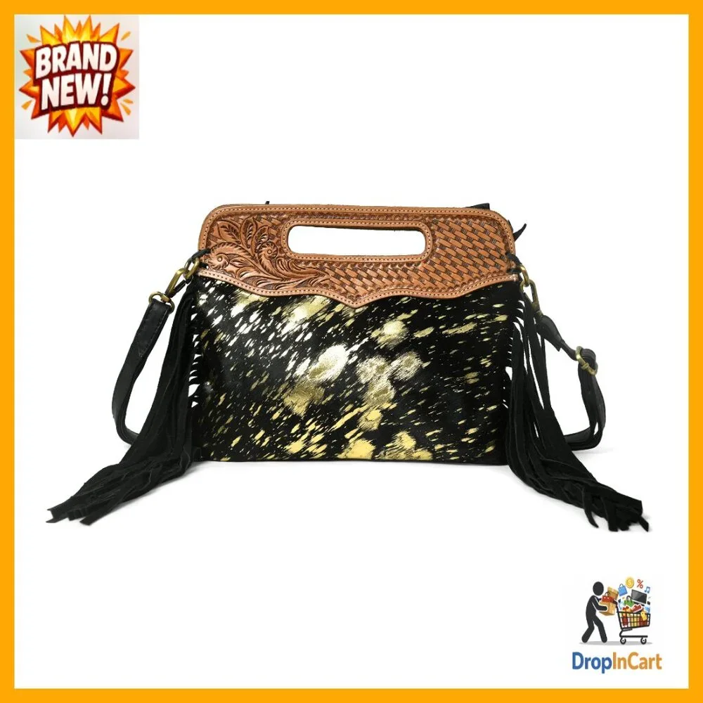 Cowhide Leather Crossbody Bag Western Design Adjustable Strap Spacious Hobo